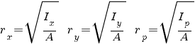 r_x = sqrt{I_x/A} ~~ r_y = sqrt{I_y/A} ~~ r_p = sqrt{I_p/A}